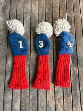 Vintage red, white and blue hand-knitted wool golf club covers